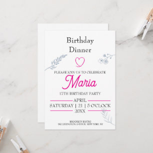 Modern Minimalist pink Heart Birthday Dinner Invitation