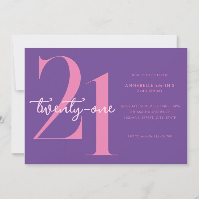 Modern Minimalist Pink Purple 21st Birthday Invitation (Front)