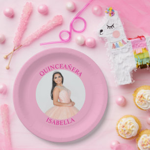 Modern Minimalist Pink Quinceañera Photo Paper Plate