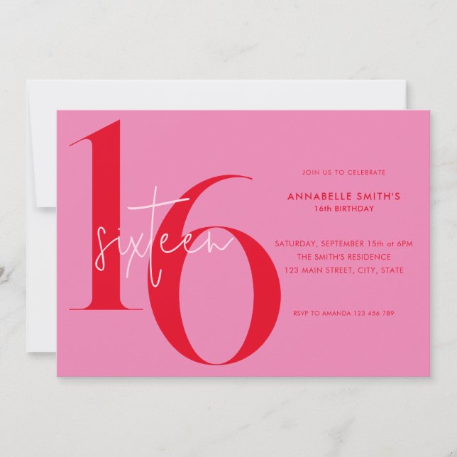 Modern Minimalist Pink Red 16th Birthday Invitation (Front)