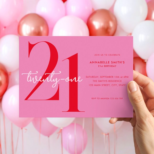Modern Minimalist Pink Red 21st Birthday Invitation (Creator Uploaded)