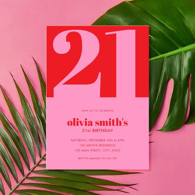Modern Minimalist Pink Red 21st Birthday Invitation (Creator Uploaded)