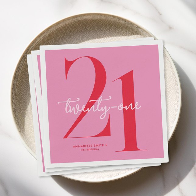 Modern Minimalist Pink Red 21st Birthday Napkin (Creator Uploaded)