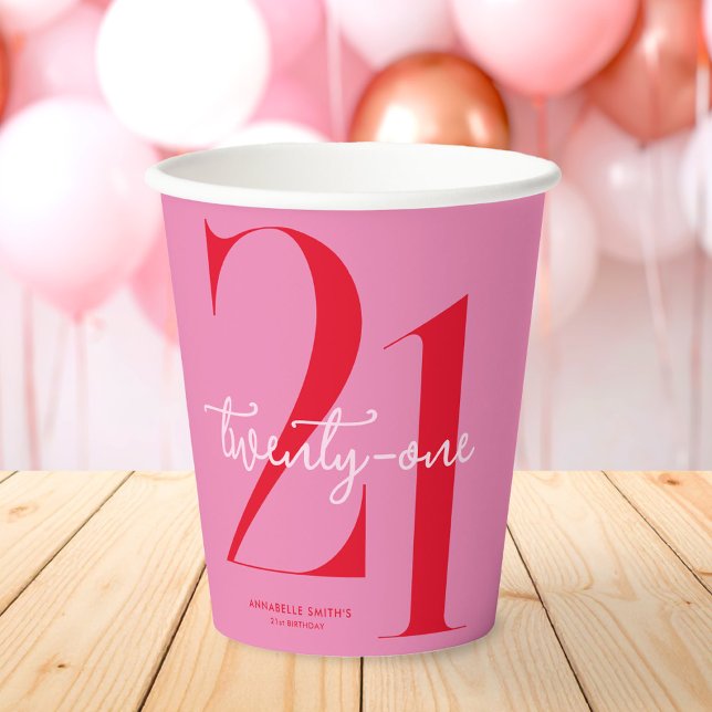 Modern Minimalist Pink Red 21st Birthday Paper Cups (Creator Uploaded)