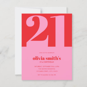 Modern Minimalist Pink Red 21st Birthday Postcard