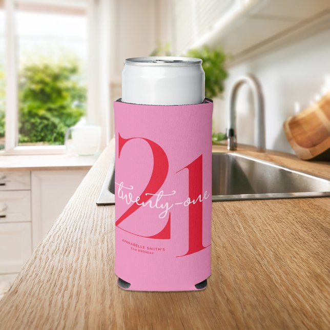 Modern Minimalist Pink Red 21st Birthday Seltzer Can Cooler (Creator Uploaded)