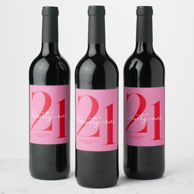 Modern Minimalist Pink Red 21st Birthday Wine Label (Bottles)