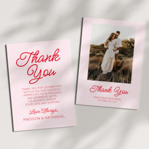 Modern Minimalist Pink Red Picture Wedding Thank You Card