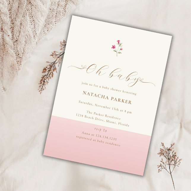 Modern Minimalist Pink Wildflower Baby Shower  Invitation (Modern Minimalist Pink Wildflower Baby Shower Invitation)