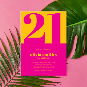 Modern Minimalist Pink Yellow 21st Birthday Invitation
