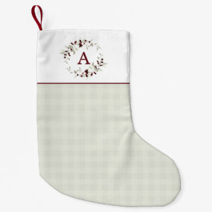 Modern Minimalist Plaid Holly Wreath Monogram Small Christmas Stocking