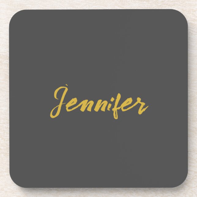 Modern Minimalist Plain Calligraphy Name Grey Gold Coaster (Front)