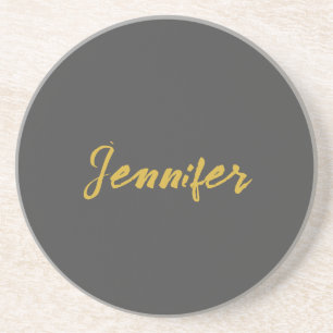 Modern Minimalist Plain Calligraphy Name Grey Gold Coaster