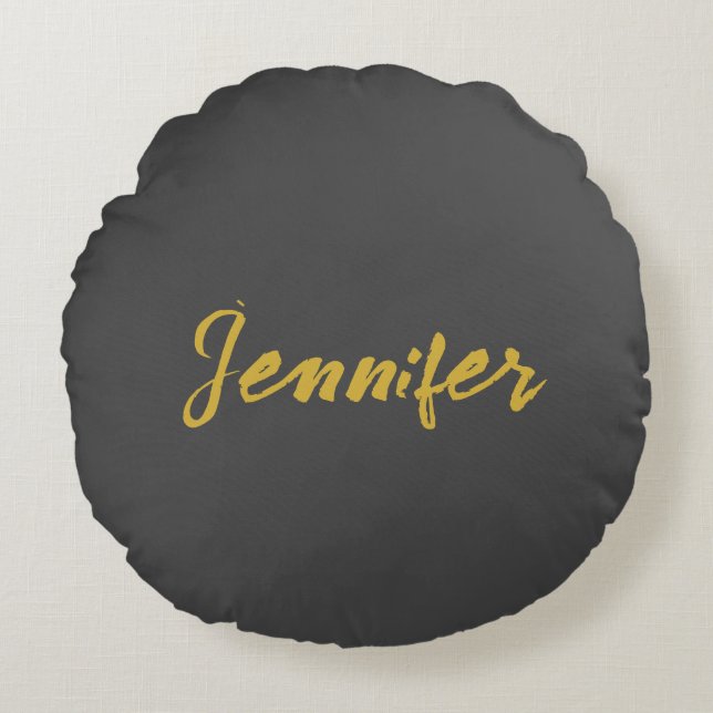 Modern Minimalist Plain Calligraphy Name Grey Gold Round Cushion (Front)