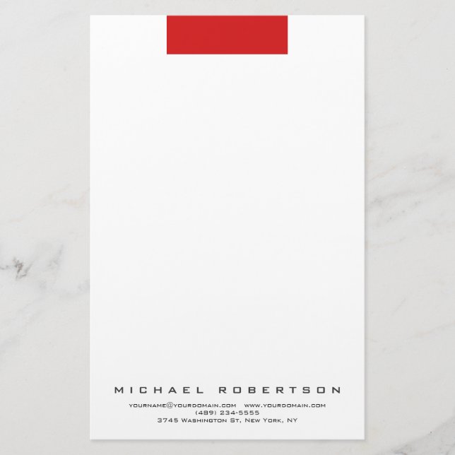 Modern Minimalist Plain Professional Red White Stationery (Front)