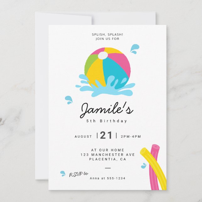Modern Minimalist Pool Party Girl Birthday Invitation (Front)