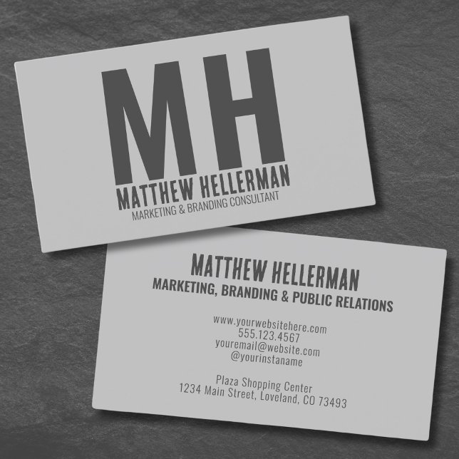 Modern Minimalist Professional Grey Monogram Business Card (Simple Minimal Gray Modern Monogram Business Card)