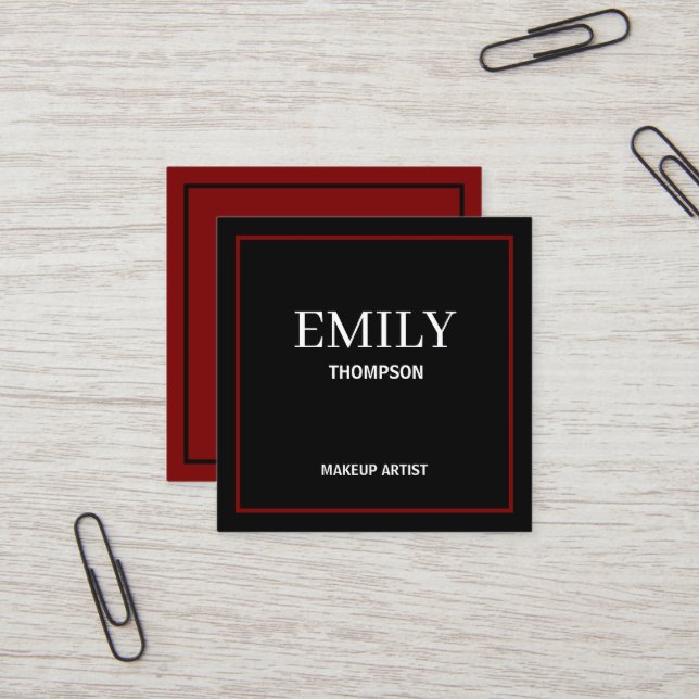 Modern Minimalist Professional Makeup Artist Black Square Business Card (Front/Back In Situ)