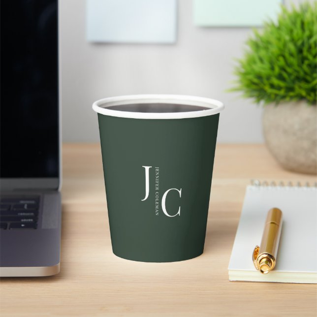 Modern Minimalist Professional Monogram Dark Green Paper Cups (Insitu)