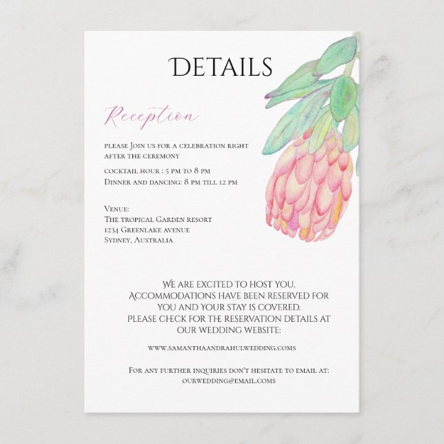 Modern Minimalist Protea Botanical Wedding Enclosure Card (Front)