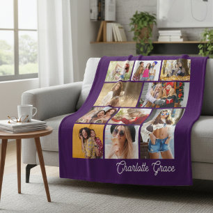 Modern Minimalist Purple 10 Photo Collage Name Fleece Blanket