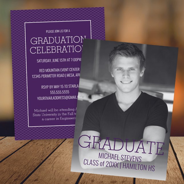 Modern Minimalist Purple Art Deco Graduatation Announcement (Modern Purple Minimalist Art Deco High School College Graduation Announcement Invitation for Him Her)