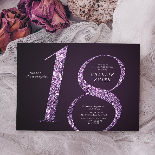 Modern minimalist purple glitter 18th birthday invitation (Modern minimalist purple glitter 18th birthday invitation)