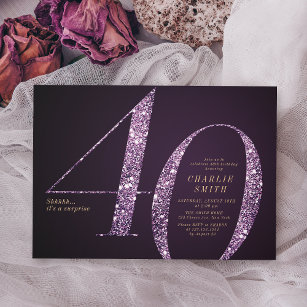 Modern minimalist purple glitter 40th birthday invitation