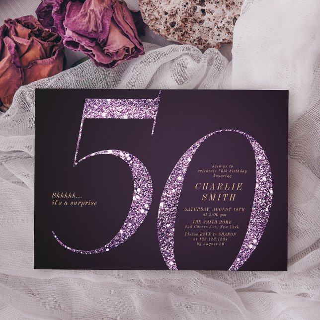 Modern minimalist purple glitter 50th birthday invitation (Modern minimalist purple glitter 50th birthday invitation)