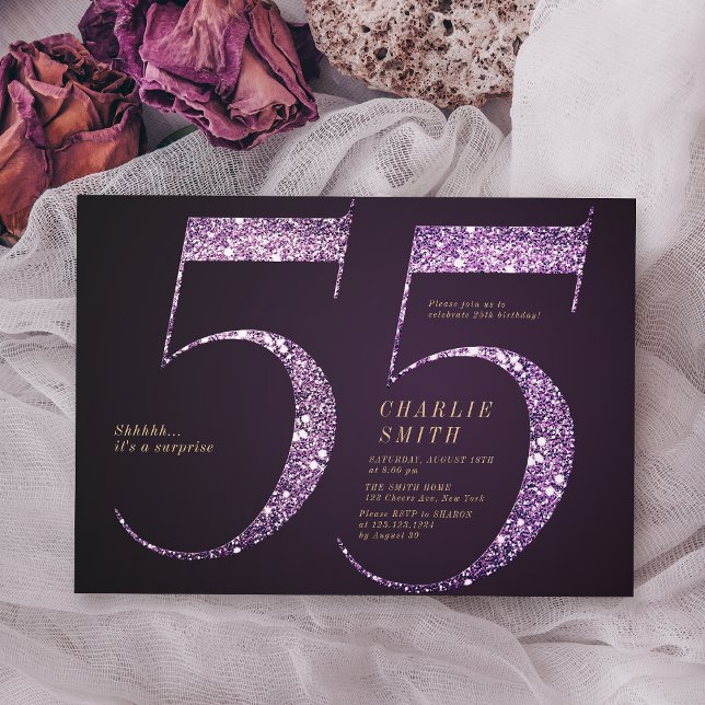 Modern minimalist purple glitter 55th birthday invitation (Modern minimalist purple glitter 55th birthday invitation)