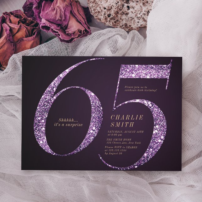Modern minimalist purple glitter 65th birthday invitation (Modern minimalist purple glitter 65th birthday invitation)