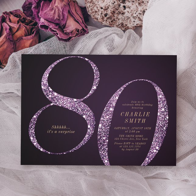 Modern minimalist purple glitter 80th birthday invitation (Modern minimalist purple glitter 80th birthday invitation)