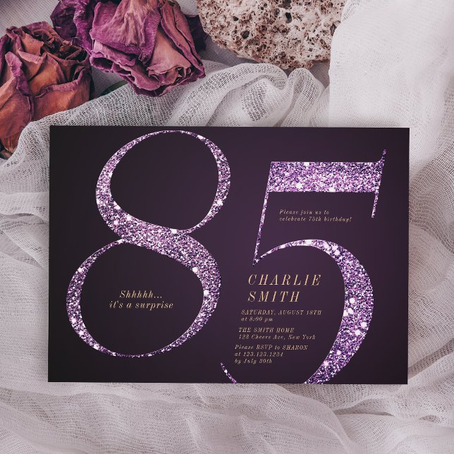 Modern minimalist purple glitter 85th birthday invitation (Modern minimalist purple glitter 85th birthday invitation)