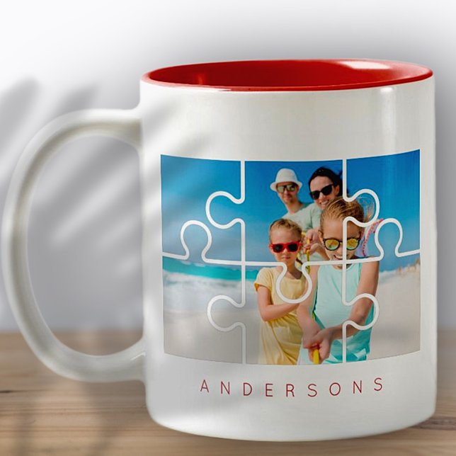 Modern Minimalist Puzzle Family Photo Name Two-Tone Coffee Mug (Creator Uploaded)