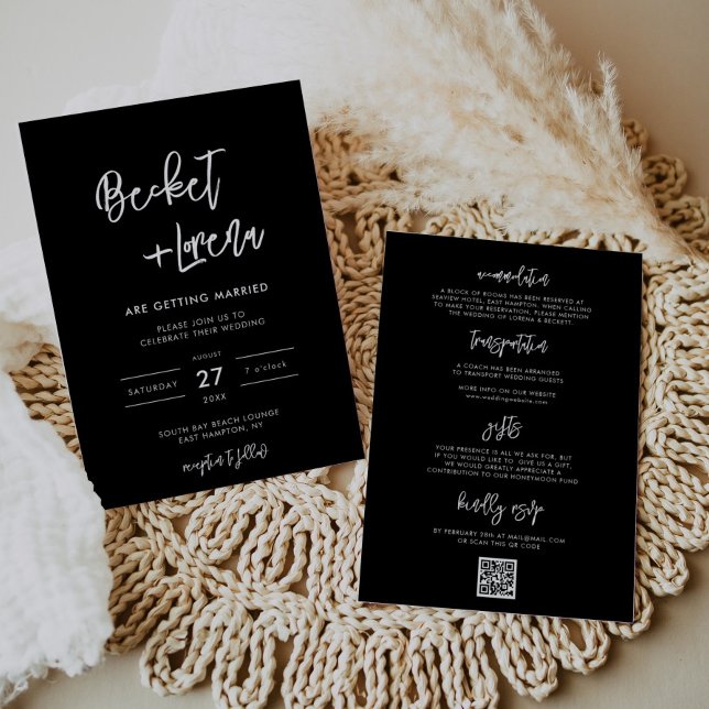 Modern minimalist QR code & details black wedding Invitation (Modern minimalist QR code & details black wedding Invitation)
