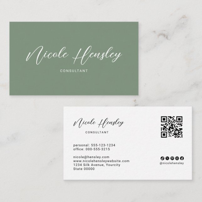Modern Minimalist QR Code Sage Green Business Card (Front/Back)