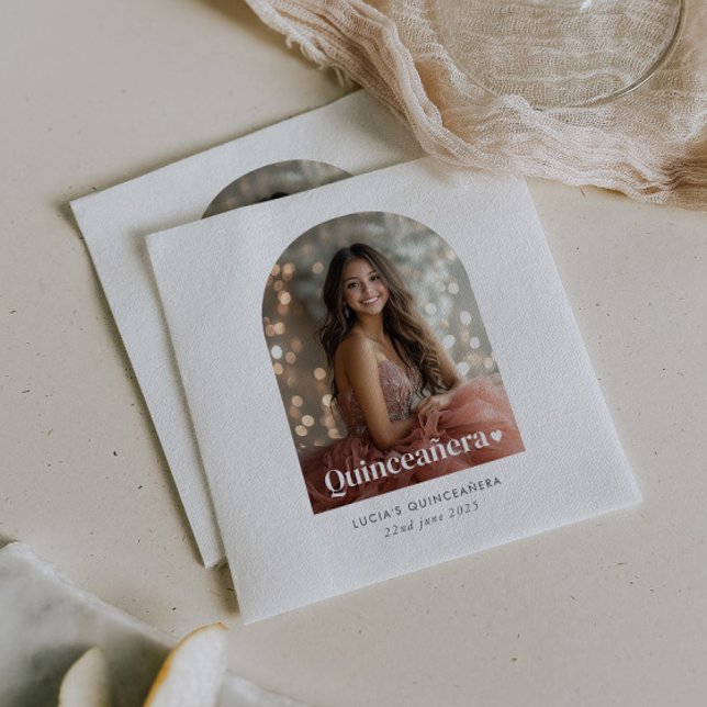 Modern Minimalist Quinceañera Arched Photo  Napkin (Zazzle Modern Minimalist Quinceañera Arched Photo  Napkins)