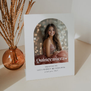Modern Minimalist Quinceañera Arched Photo Welcome Pedestal Sign