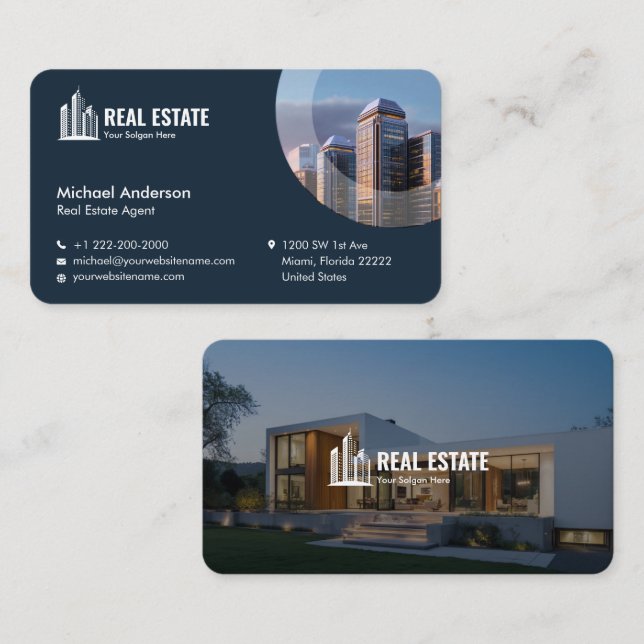 Modern Minimalist Real Estate Photo Dark Blue Business Card (Front/Back)