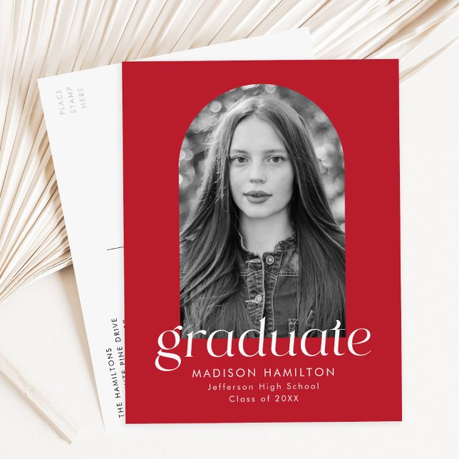 Modern Minimalist Red Arch Photo Graduation Party Invitation Postcard (Creator Uploaded)