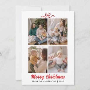 Modern Minimalist Red Bow 4 Photo Merry Christmas Holiday Card