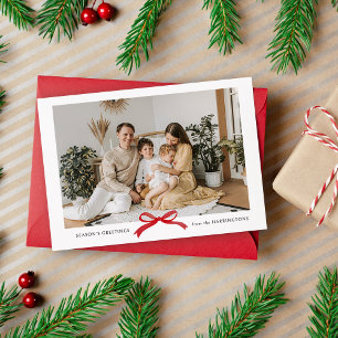 Modern Minimalist Red Bow Photo Holiday Card
