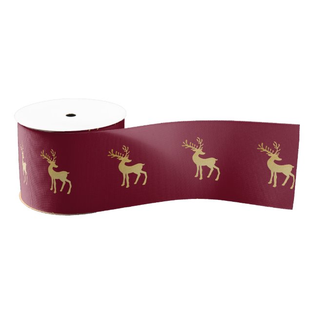 Modern Minimalist Red & Golden Reindeer Christmas Grosgrain Ribbon (Spool)