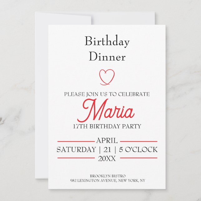 Modern Minimalist Red Heart Birthday Dinner  Invitation (Front)