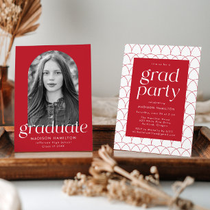 Modern Minimalist Red Photo Graduation Party Invitation