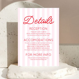 Modern Minimalist Red Pink Stripes Wedding Details Enclosure Card