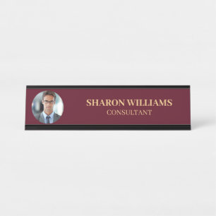 Modern Minimalist Red Professional Custom Photo Desk Name Plate