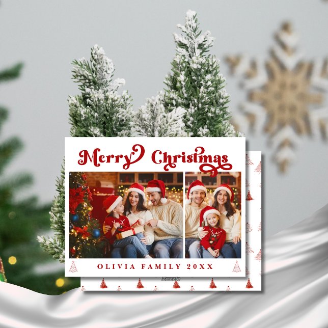 Modern Minimalist Red Retro Christmas Two Photo Holiday Card (Modern Minimalist Red Retro Christmas Two Photo Holiday Card)