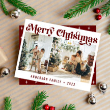 Modern Minimalist Retro Christmas Two Photo Maroon