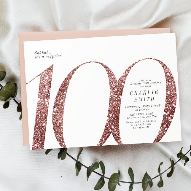 Modern minimalist rose gold glitter 100th birthday invitation (Modern minimalist rose gold glitter 100th birthday invitation)